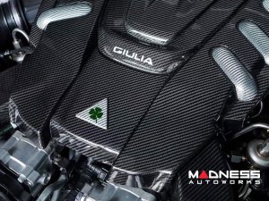 Alfa Romeo Giulia Engine Cover - Carbon Fiber - QV Version - White Candy Accents + Giulia Logo + Cloverleaf Alfa Romeo Giulia Engine Cover - Carbon Fiber - QV Version - White Candy Accents + Giulia Logo + Cloverleaf